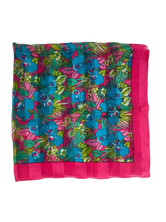 Vintage Pink and Blue Tropical Scarf, 80’s Scarf, 