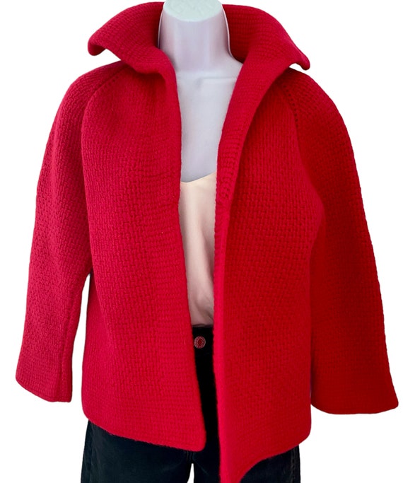 Vintage Hand Knit Red Sweater Coat M, Vintage Hand