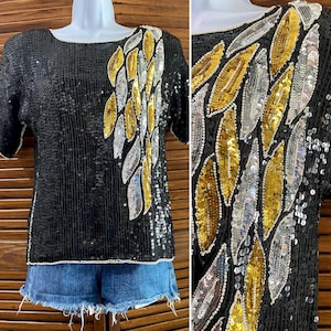 Vintage Jean for Joseph Le Bon Black Gold and Silver Short Sleeved Sequin Top Small