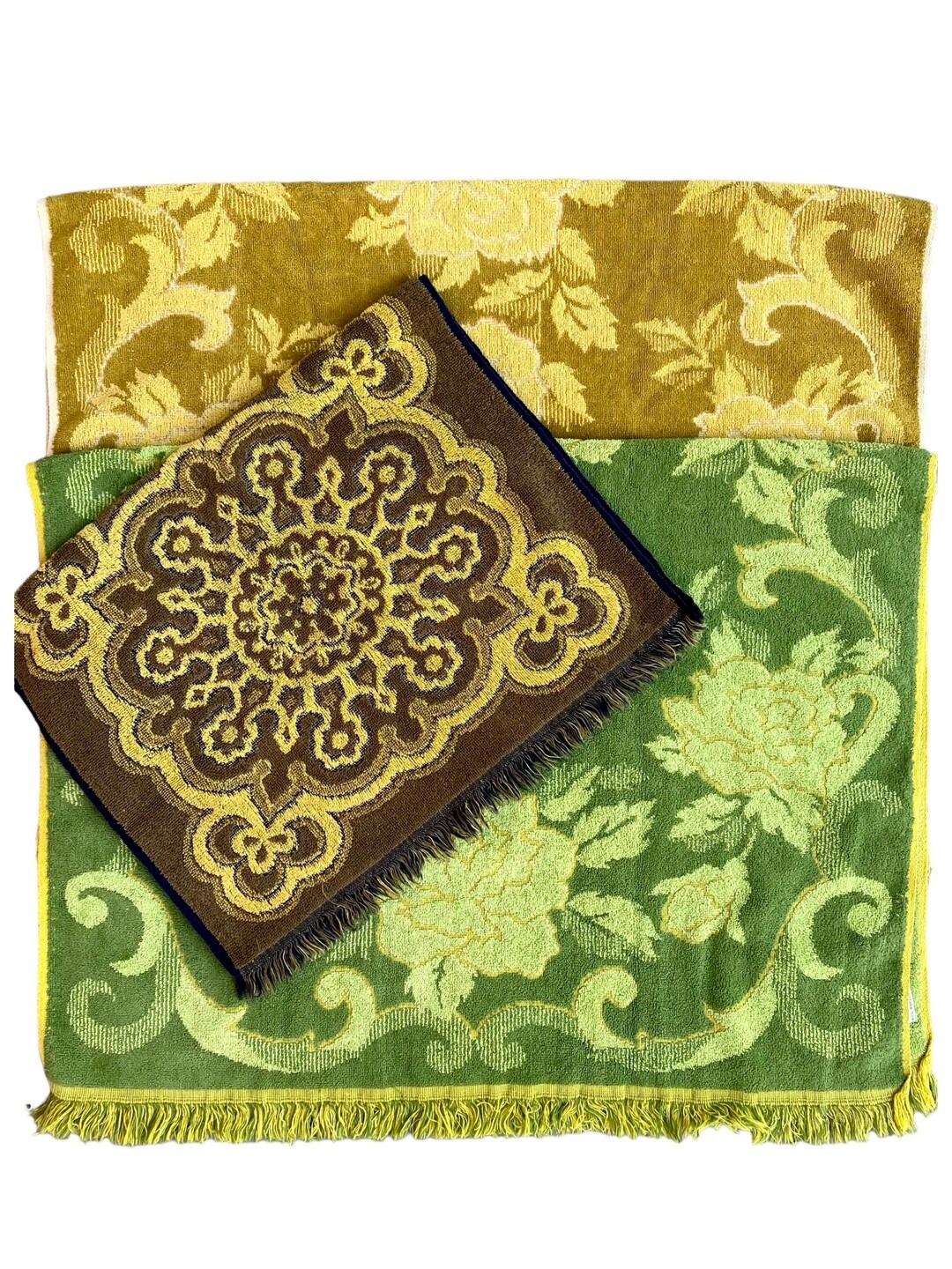 Vintage Sears Green and Gold Floral Bath Towel Set Mid Etsy