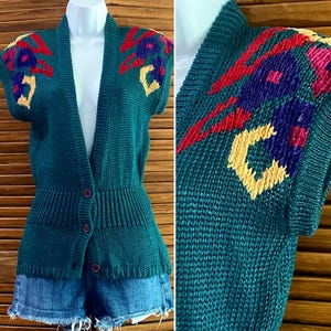 Vintage Counterparts Teal Sweater Vest Button Front with Shoulder Pads Size Small 1980’s
