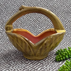 Vintage Gonder Pottery Basket with Handle Mustard Gold & Pink Glazed Ceramic