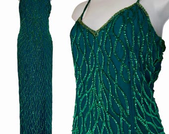 Vintage Emerald Sequin Silk Dress, Laurence Kazar Evening Gown, 90s Glam Mermaidcore