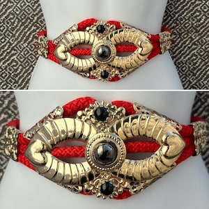 1980&#39;s Red and Gold Beaded Corded Dress Belt Size Small - Made in Korea
