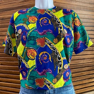Vintage Notations Polyester Print Short Sleeved Work Office Blouse Size M
