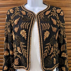 Vintage Black Silk Jacket Hand Embellished in Wooden Beads/Sequins XS