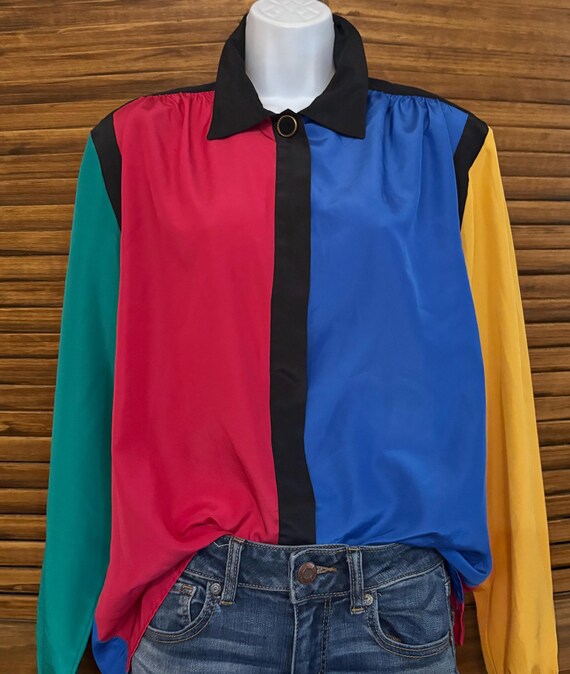 90's Lilli Ann Color Block Silky Polyester Button… - image 3