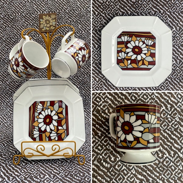 Vintage Plate and Cup Set 70's Retro Tea Service or Luncheon Plates, 70's Plates, Small Plates with Cups, Mug Stand