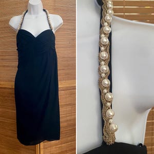 Vintage Victor Costa Black Chiffon Cocktail Dress – Pearl Halter Strap, Size 10
