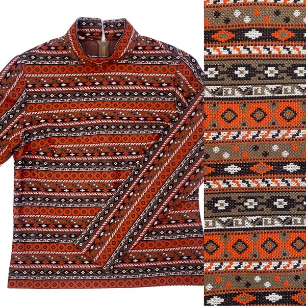 70's Women's Knit Top S, Vintage Women's Long Sleeved Shirt, Tribal Boho Aztec Geometric Print Top, Orange Brown White Shirt, Retro Blouse