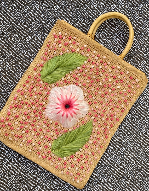 Vintage Raffia and Straw Bag with Floral Accents a
