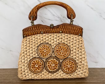 Vintage Woven and Beaded Handbag, Wooden Handle Bag, Vintage Handbag Made in Japan, Mid Century Vintage Top Handle Purse