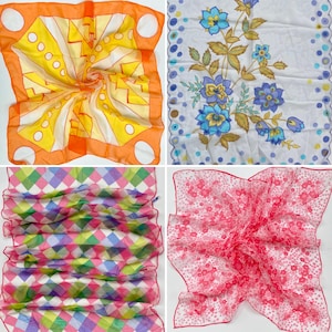 4 Vintage Sheer Printed Scarves, Colorful and Retro Vintage Scarves Made in Japan