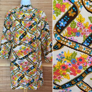 Retro MOD Floral Long Sleeved Hippie Style Dress - Size M 1970&#39;s - Handmade Vintage Hippie Dress