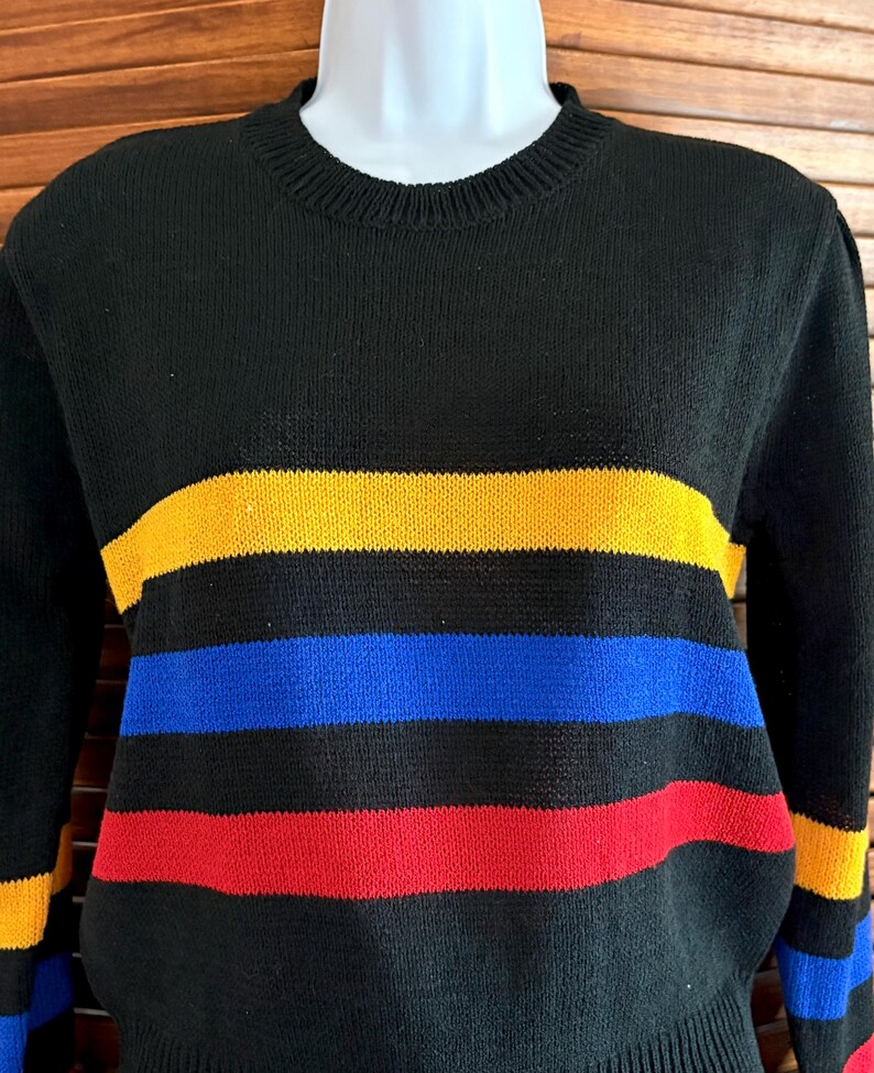 Pu&ograve; includere: Maglione nero con strisce orizzontali gialle, blu e rosse. Il maglione ha un girocollo e polsini e orlo a coste. Le strisce sono uniformemente distanziate sul petto e sulle maniche.