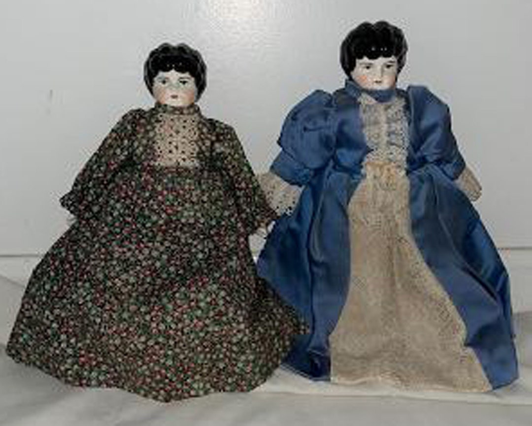 2 Vintage Porcelain Head Dolls Clothed in Dresses W Petticoats