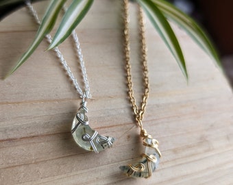 Wire wrapped prehnite moon necklace, prehnite crystal necklace, green crystal necklace, prehnite necklace, crystal choker