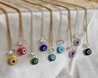 Evil eye necklace, nazar necklace, Herkimer diamond necklace, silver evil eye necklace, gold evil eye necklace, colorful evil eye necklace