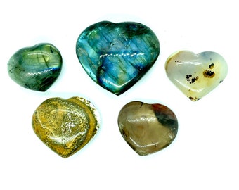 Crystal Mini Hearts, Assorted Crystal Hearts, Labradorite Hearts, Smokey Heart, Ocean Jasper Heart, Dendritic Agate Heart