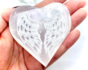 Selenite Heart with Etched Angel Wings, Angel Wing Selenite Heart, Etched Satin Spar Heart with Angel Wings