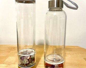 Crystal Infused Glass Water Bottle, Crystal Elixir Water Bottle, Glass and Stainless Steel Water Bottle