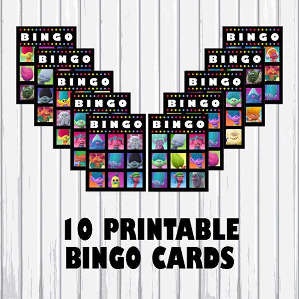New TROLLS PRINTABLE BINGO Game Digital File 10 Cards &amp; 28 Characters ...
