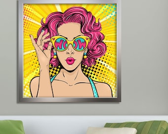 May include: A framed pop art style illustration of a woman with pink hair wearing sunglasses with the word "WOW" reflected in the lenses. The background is yellow with a radial pattern and black polka dots.