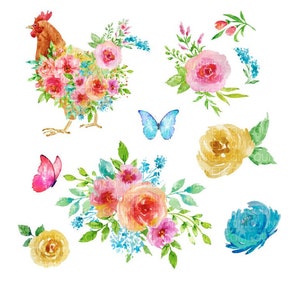 Gorgeous Garden Decal Design Downloads Chicken Watercolor flowers Country Decor Pioneer Woman Farmhouse DIY Decor Popular Sublimation PNG