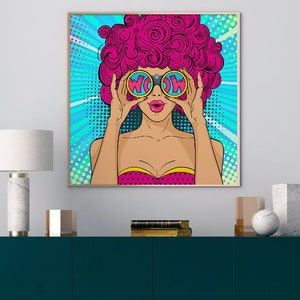 May include: Pop art style print of a woman with pink hair holding binoculars with the word "WOW" in them. The woman is wearing a pink and yellow top. The background is blue with white dots and lines.
