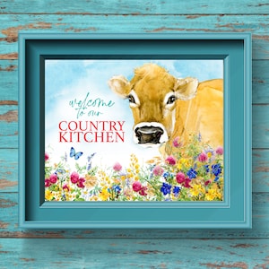 Heifer Cow Wall Art: Vintage Floral Country Kitchen (Digital Download)