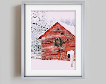 Red Barn SNOWY WINTER WallArt Digital Download PNG Downloadable Artful Wall Art Artful Winter Print Red Barn Print Winter Decore Farmhouse