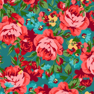May include: A teal background with a repeating pattern of red, pink, and white flowers. The flowers are surrounded by green leaves and smaller blue flowers.