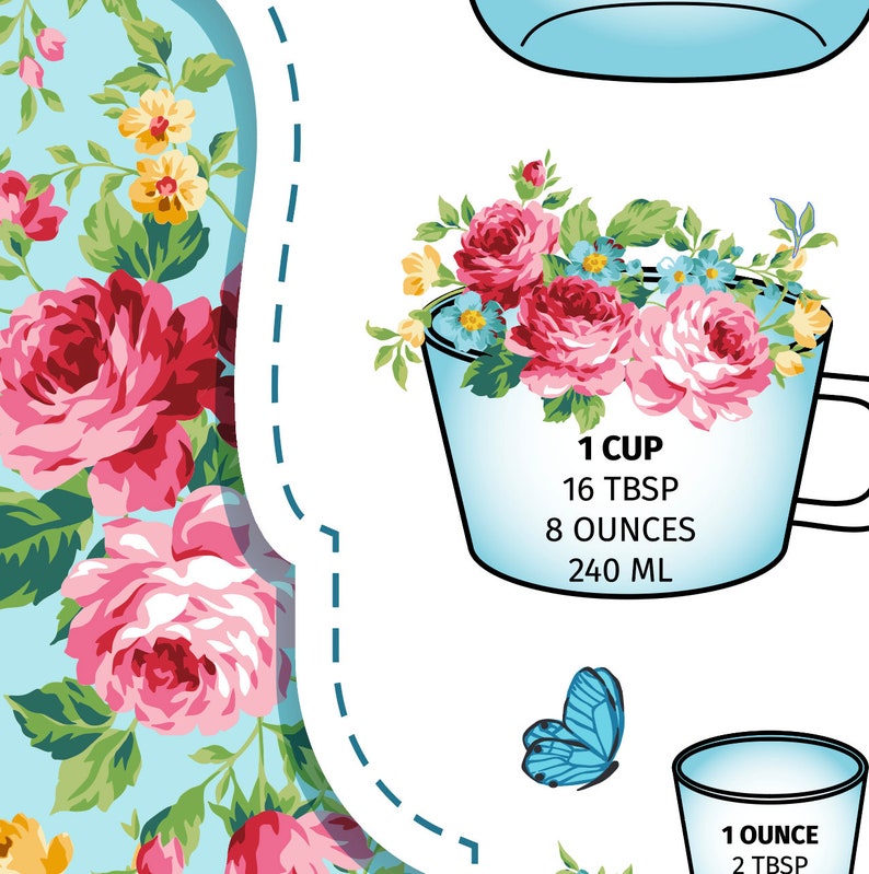 Może przedstawiać: Ilustracja jasnoniebieskiego kubka z miarką z kwiatowym wzorem i napisem "1 CUP, 16 TBSP, 8 OUNCES, 240 ML". Kubek jest ozdobiony r&oacute;żowymi i czerwonymi r&oacute;żami, ż&oacute;łtymi i niebieskimi kwiatami.