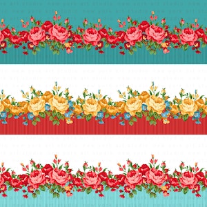 May include: Three seamless patterns featuring floral borders with red, pink, and yellow roses on a white background. The borders are separated by red and blue striped lines.