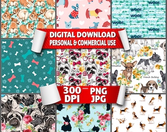 Puede incluir: Una descarga digital de 10 patrones sin costuras con diferentes razas de perros. Los patrones son de varios colores y estilos, incluyendo floral, geométrico y abstracto. Los patrones son de 300 DPI y están disponibles en formatos PNG y JPG.