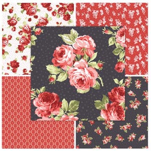 May include: A set of six fabric squares featuring a floral pattern with red roses on a white, red, and gray background. The fabric squares are perfect for quilting, crafting, and other sewing projects.