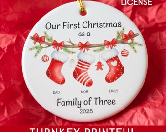 Personalized Family Christmas Stockings Ornament PNG Digital Download, Printful Ceramic Ornament Design, Custom Name Holiday Keepsake