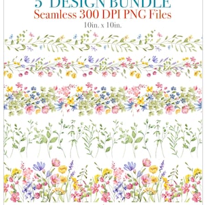 May include: A set of five seamless floral border designs in watercolor style. The borders feature various flowers in shades of pink, yellow, blue, and green. The designs are 10 inches by 10 inches and 300 DPI.