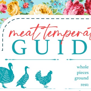 Może przedstawiać: Przewodnik po temperaturze mięsa z kwiatowym obramowaniem. Przewodnik zawiera ilustracje drobiu i wytyczne dotyczące temperatury. Tekst brzmi "meat temperature GUIDE".