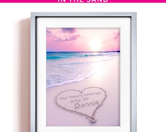 Personalized Heart in the Sand Beach Sunset Print Custom Message Wall Art Romantic Coastal Photography Valentine Gift for Her
