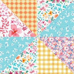 May include: A patchwork quilt design featuring a variety of floral patterns in shades of pink, blue, yellow, and white. The quilt is made up of nine squares, each with a different pattern. The patterns include small floral prints, gingham, and geometric designs.