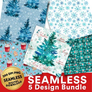 May include: A collection of five seamless digital designs with a Christmas theme. The designs include patterns of snowflakes, Christmas trees, and holiday motifs. The designs are in shades of blue, teal, and red. The text "Merry Christmas" is visible on one of the designs.