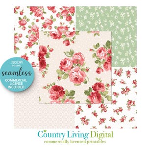 May include: A set of four digital paper patterns featuring a vintage floral design with pink roses on a white background. The patterns include a white background with pink polka dots, a green background with white polka dots, a white background with a subtle geometric pattern, and a white background with a small floral pattern.