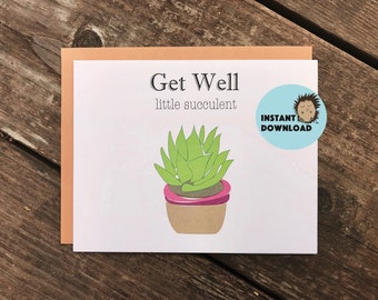 INSTANT DOWNLOAD, Printable Get Well Little Succulent Card, Instant Download Greeting Card, Feel Better Card 4x6 PDF