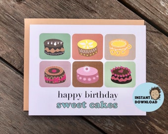 INSTANT DOWNLOAD, Printable Happy Birthday Sweet Cakes Card, Instant Download Greeting Card, Cakes Card, 4x6 PDF