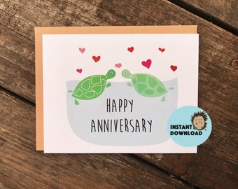 INSTANT DOWNLOAD, Printable Happy Anniversary Card, Instant Download Greeting Card, Turtle Love Card, 4x6 PDF