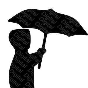 May include: A black silhouette of a person wearing a raincoat and holding an umbrella. The person is standing with their legs slightly apart and their arms outstretched.