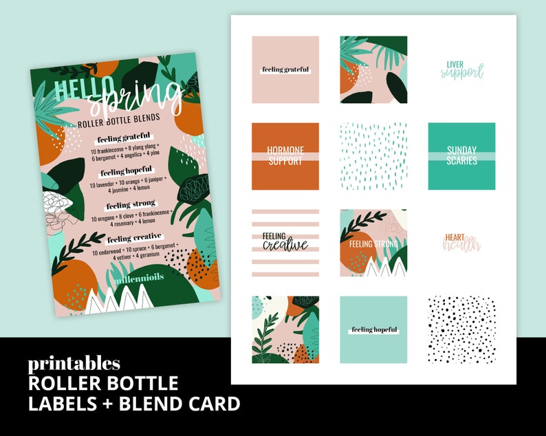 DOWNLOAD Hello Spring Roller Bottle Card and labels with Essential Oil DIYs, Essential Oil Labels image 1