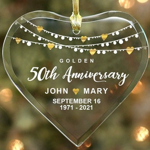 Golden 50th Anniversary - Couple’s Glass Heart Ornament - Personalized with Names, Dates & Years, Anniversary Gift Couple