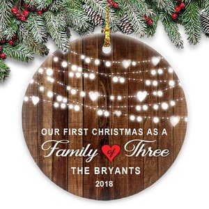 Our First Christmas as a Family of Three Personalized Family Name Ornament - Family Name & Year Rustic Tree Lights
